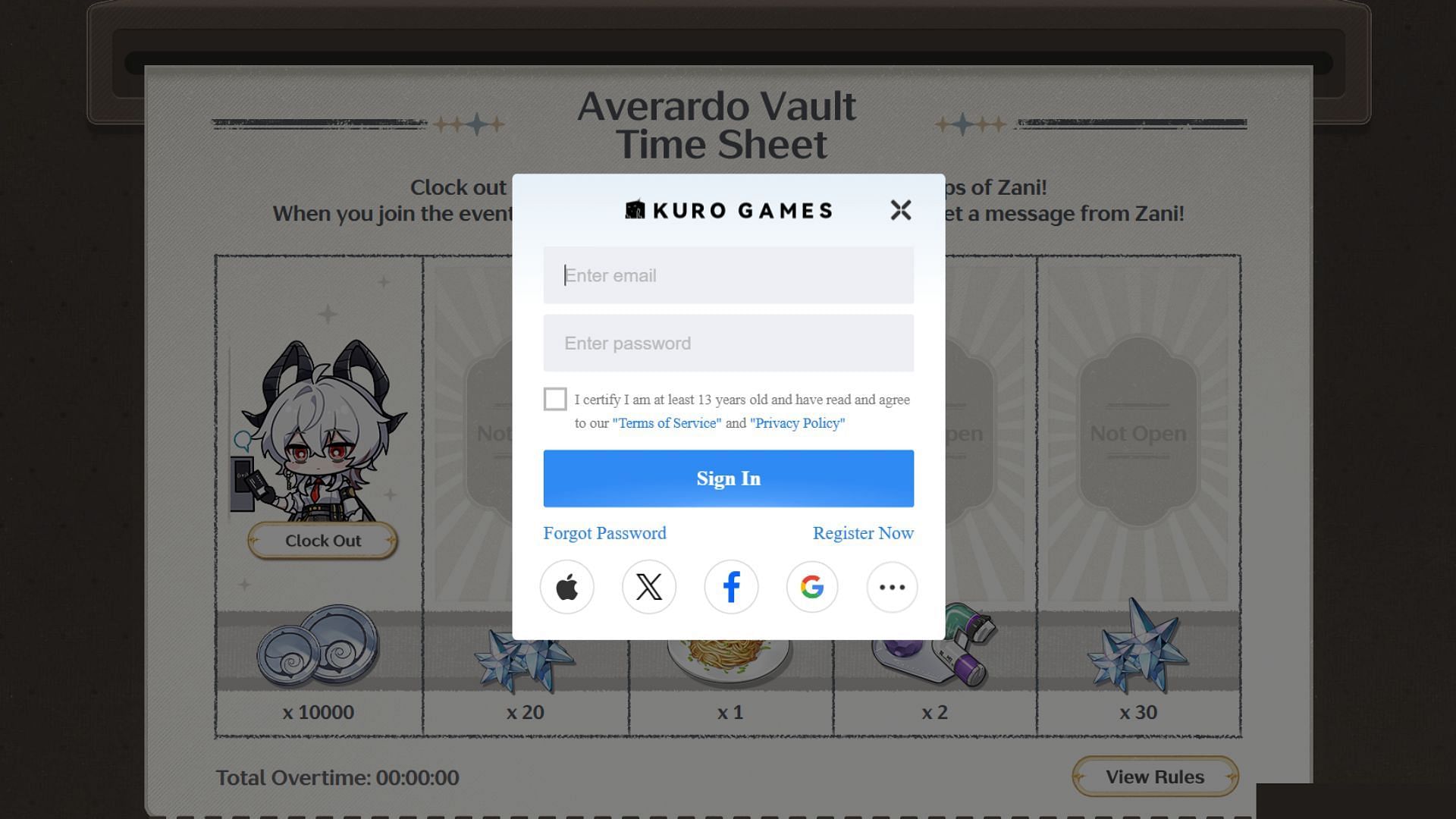 Log in to the event page (Image via Kuro Games)